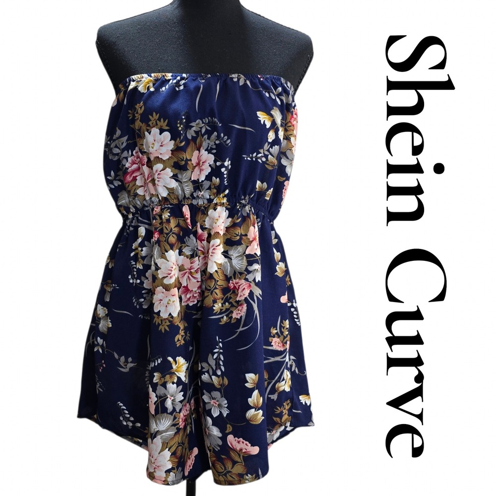 Shein Curve Romper Women 2XL Navy Floral Strapless Elastic Waist Boho Summer